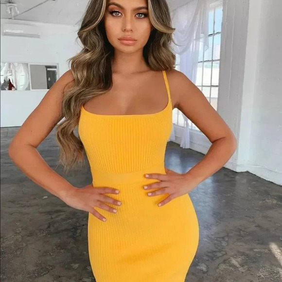 NEW! Yellow Ribbed Bandage Cut Out Strappy Cage Back Bodycon Dress - Picture 5 of 11